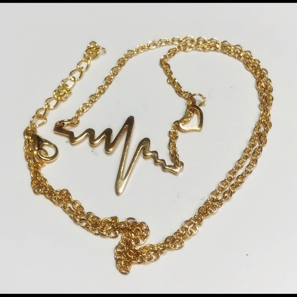 EKG Heartbeat Charm Necklace/Yellow Gold Plate - Picture 1 of 4